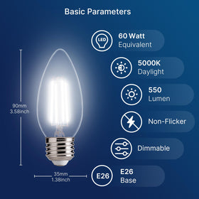 FLSNT 60W-equivalent LED chandelier bulbs deliver bright 5000K daylight in a pack.