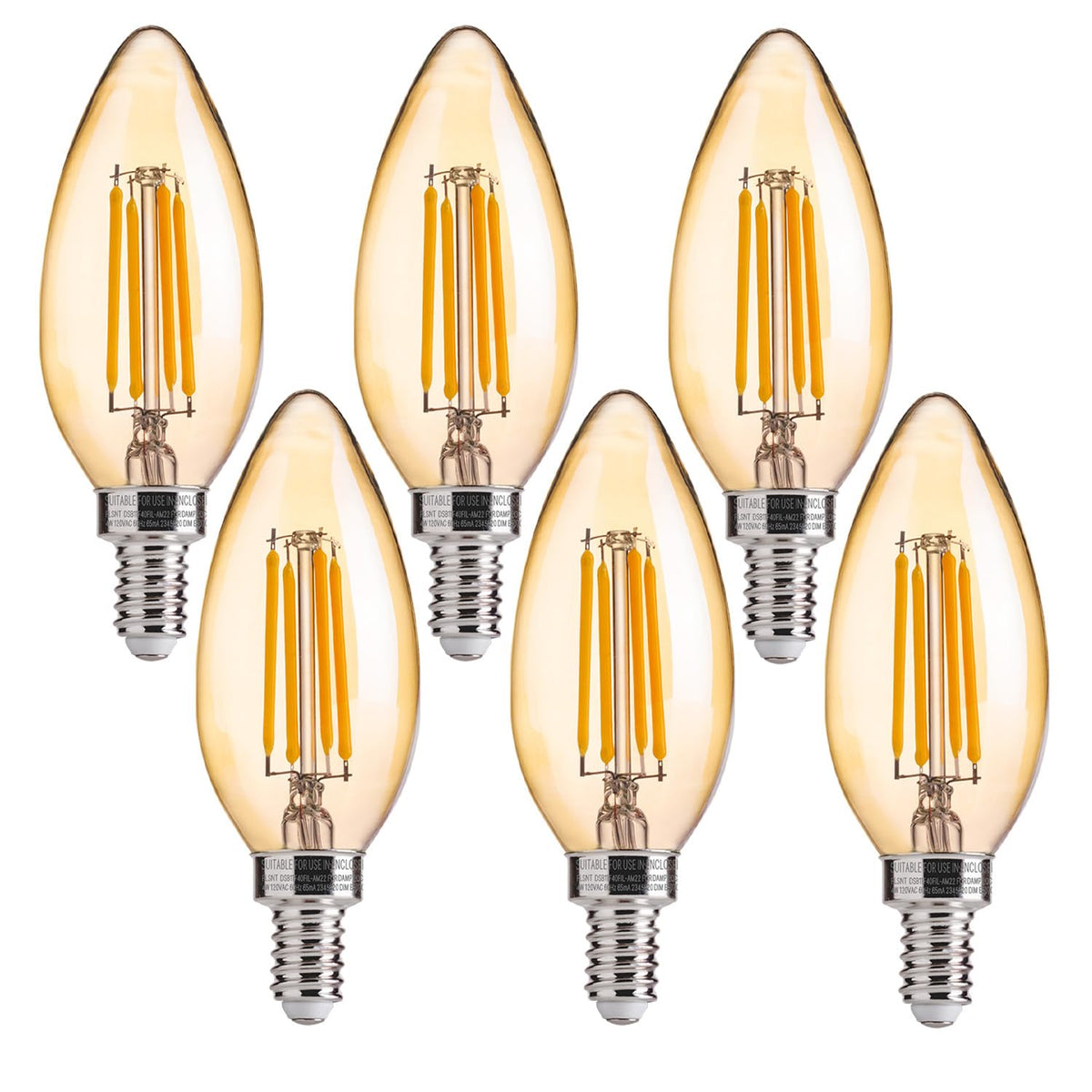 FLSNT amber LED bulb dimmable for chandeliers, smooth brightness control.