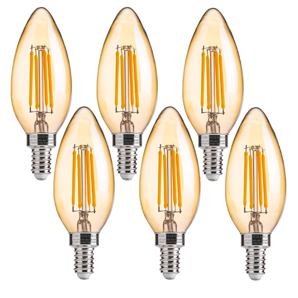 FLSNT amber LED bulb dimmable for chandeliers, smooth brightness control.