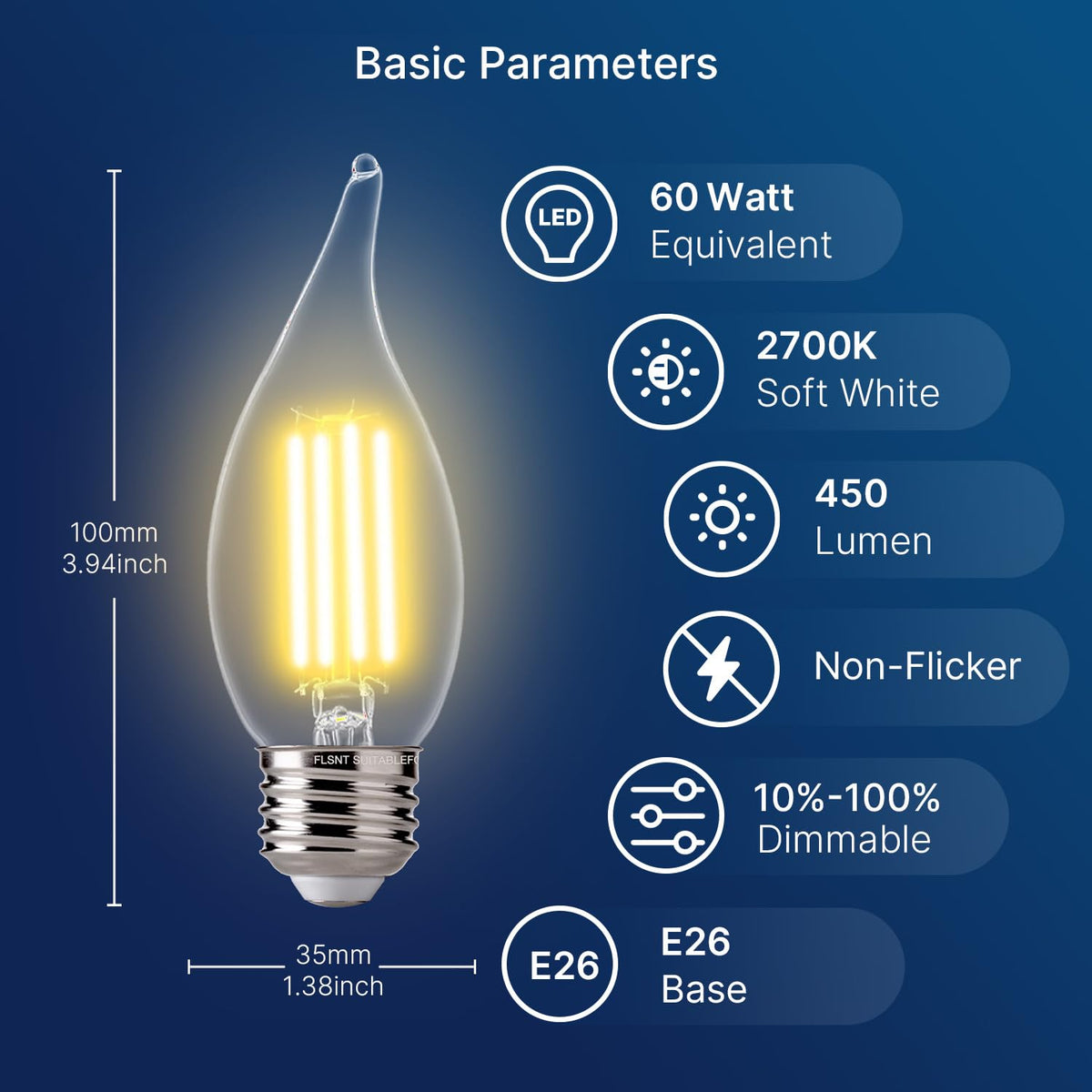 FLSNT dimmable candle bulbs close-up, compatible with many dimmers for adjustable mood
