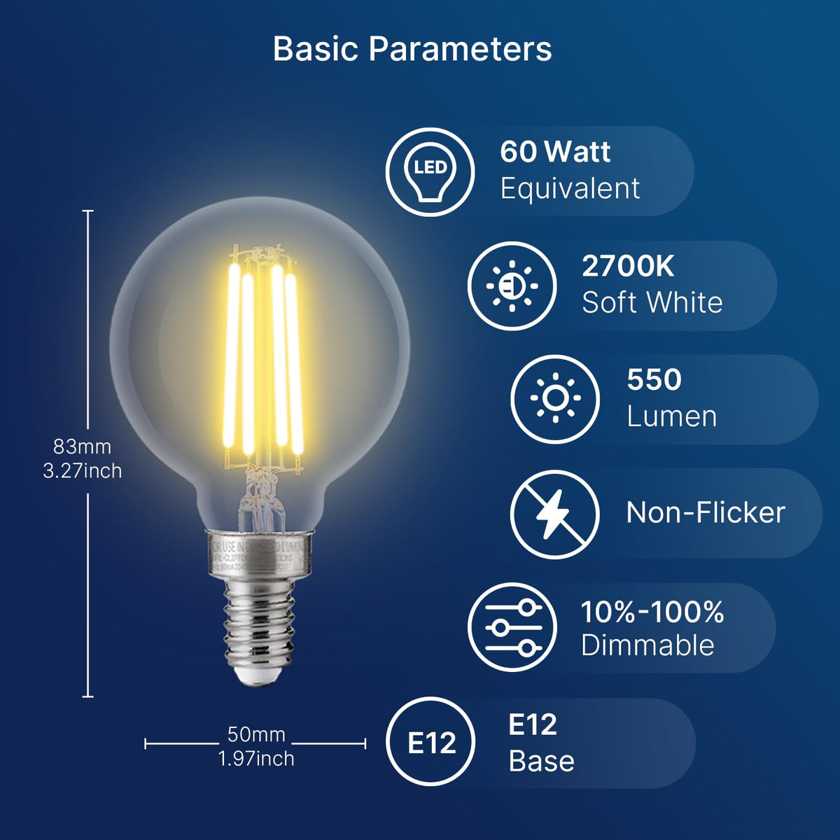 FLSNT dimmable G16.5 LED globe bulb with E12 base dims smoothly without flicker.