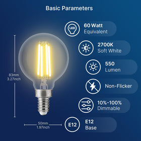 FLSNT dimmable G16.5 LED globe bulb with E12 base dims smoothly without flicker.