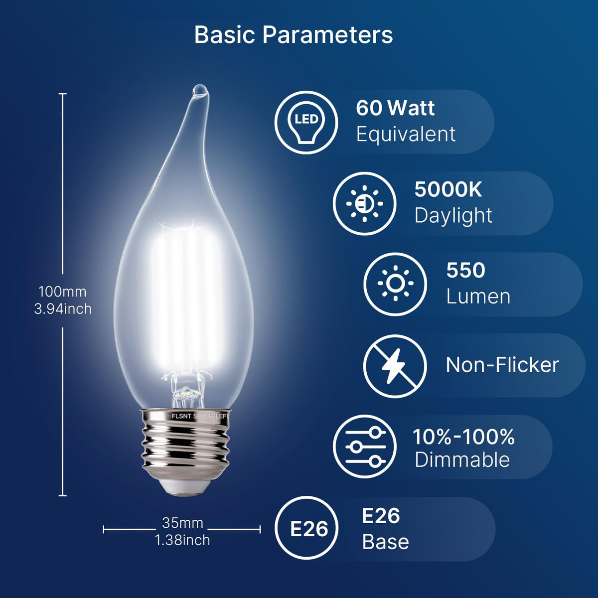 FLSNT dimmable LED bulbs with E26 base for versatile, customizable brightness.