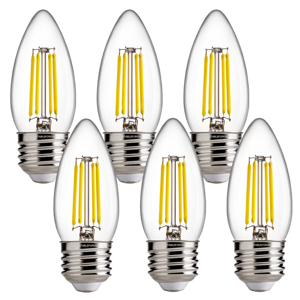 FLSNT dimmable LED candelabra bulbs in a six-pack for energy-efficient home lighting.