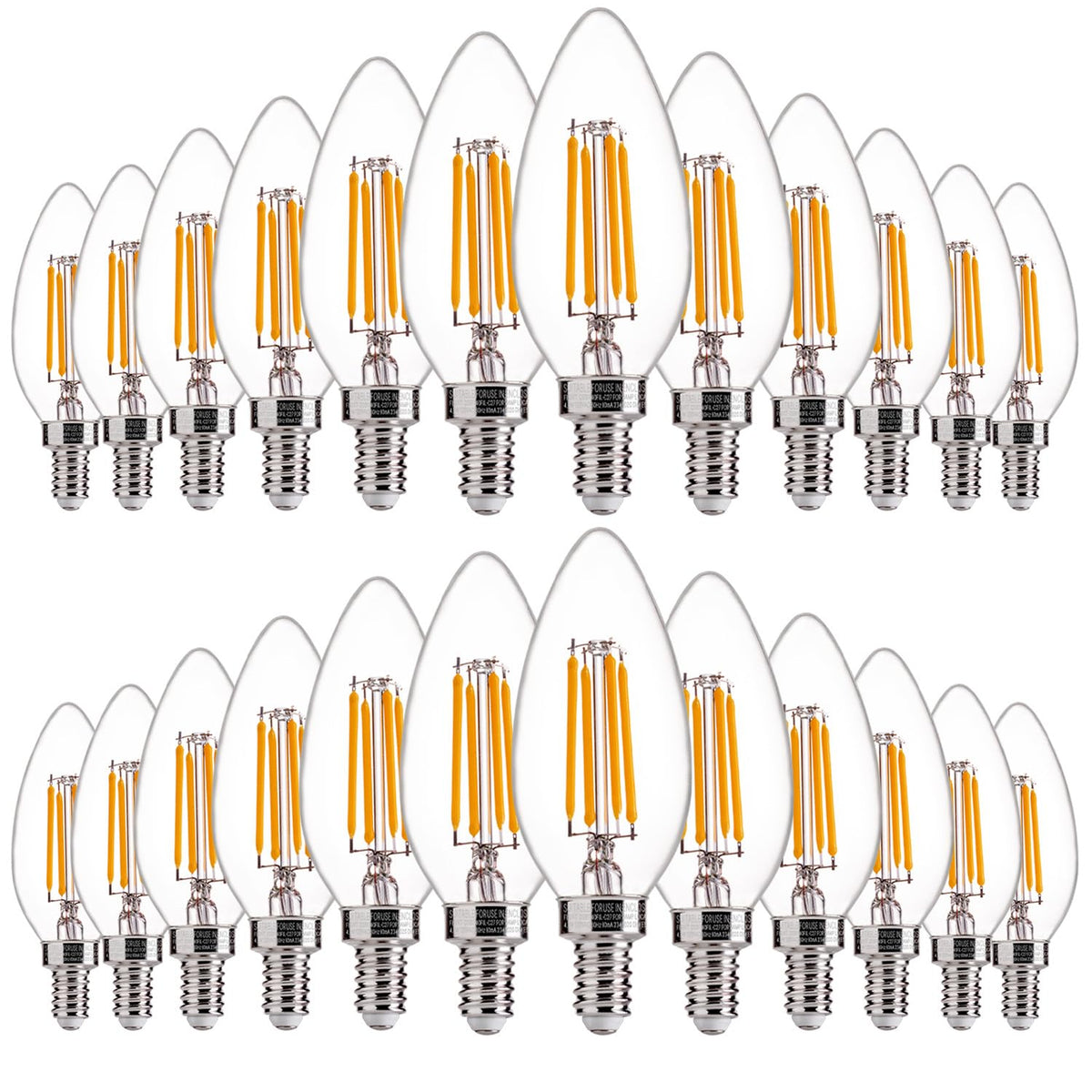 FLSNT LED candelabra bulb 24-pack shown for chandeliers with warm filament glow
