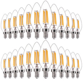 FLSNT LED candelabra bulb 24-pack shown for chandeliers with warm filament glow