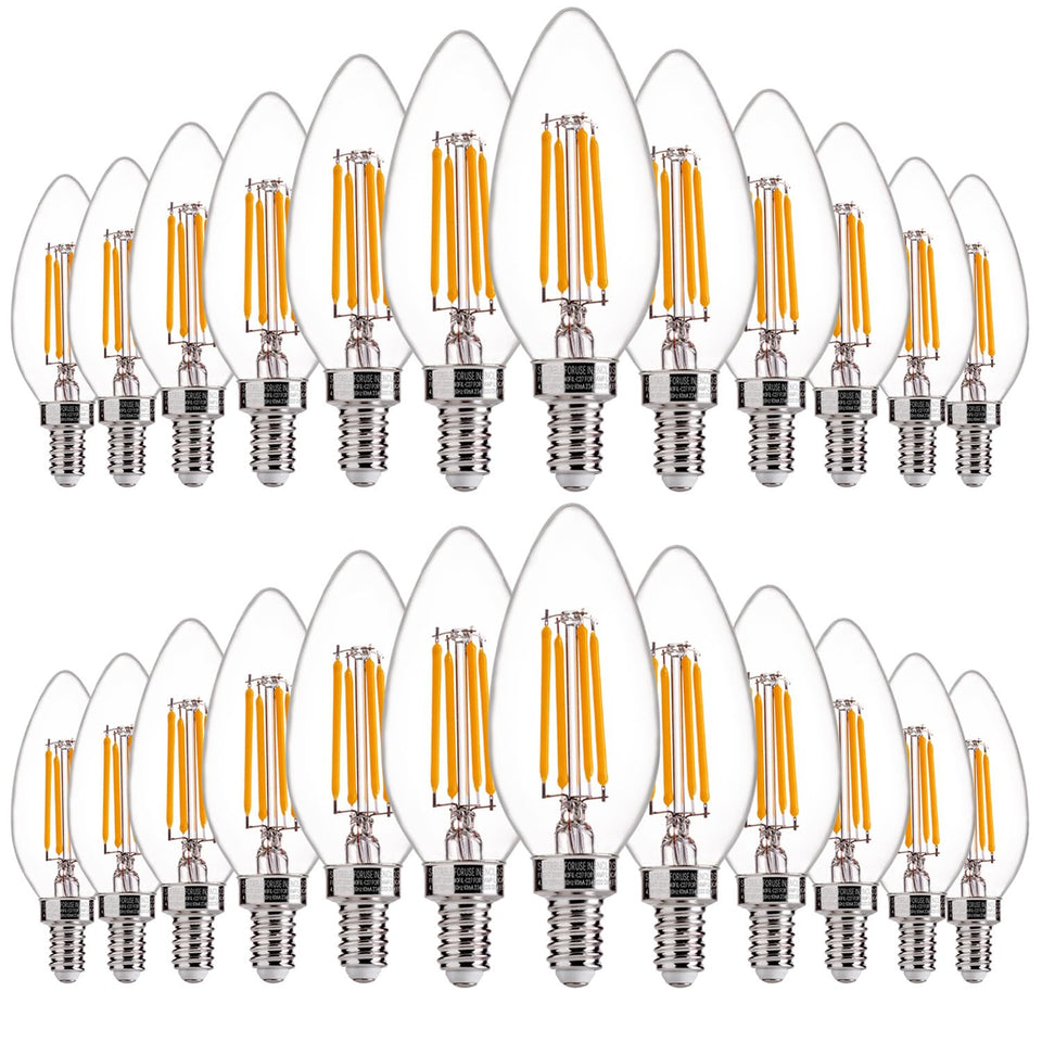 FLSNT LED candelabra bulb 24-pack shown for chandeliers with warm filament glow