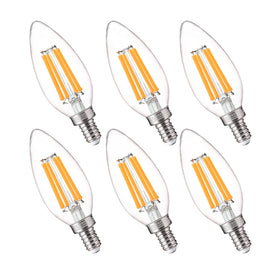 FLSNT LED candelabra bulb in a 6-pack for elegant chandeliers with dimmable soft white light.