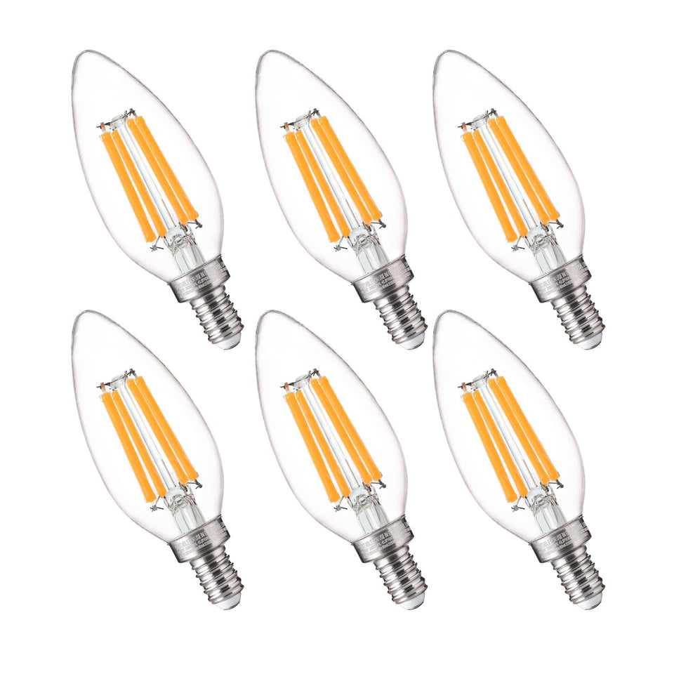 FLSNT LED candelabra bulb in a 6-pack for elegant chandeliers with dimmable soft white light.