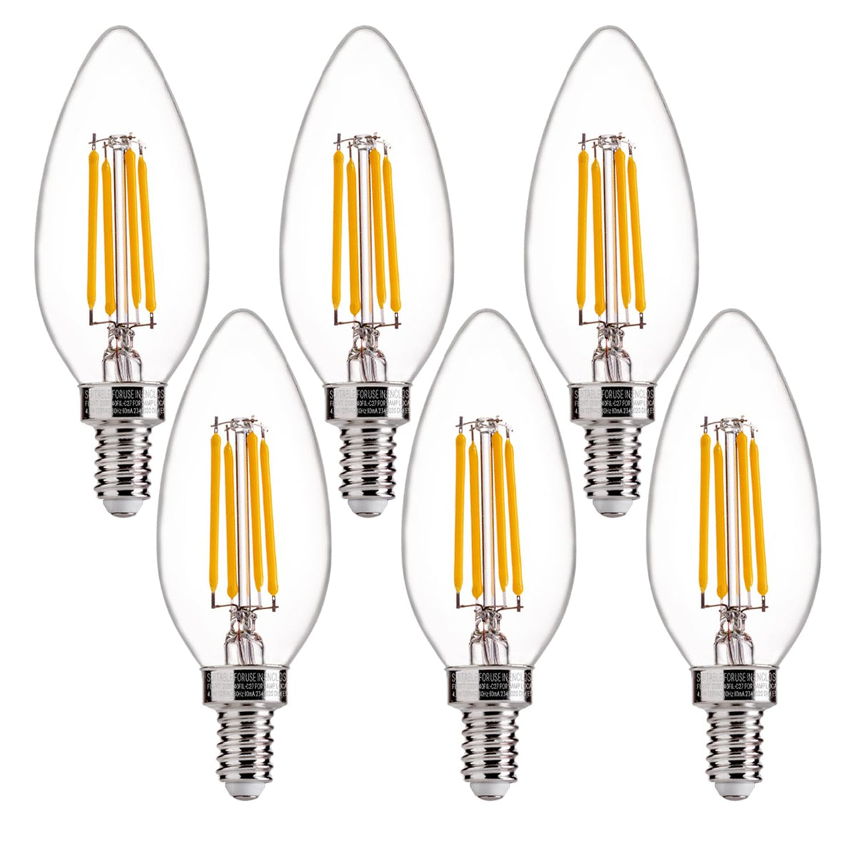 FLSNT LED chandelier bulb dimmable with E12 base emitting warm 3000K light (500 lumens).
