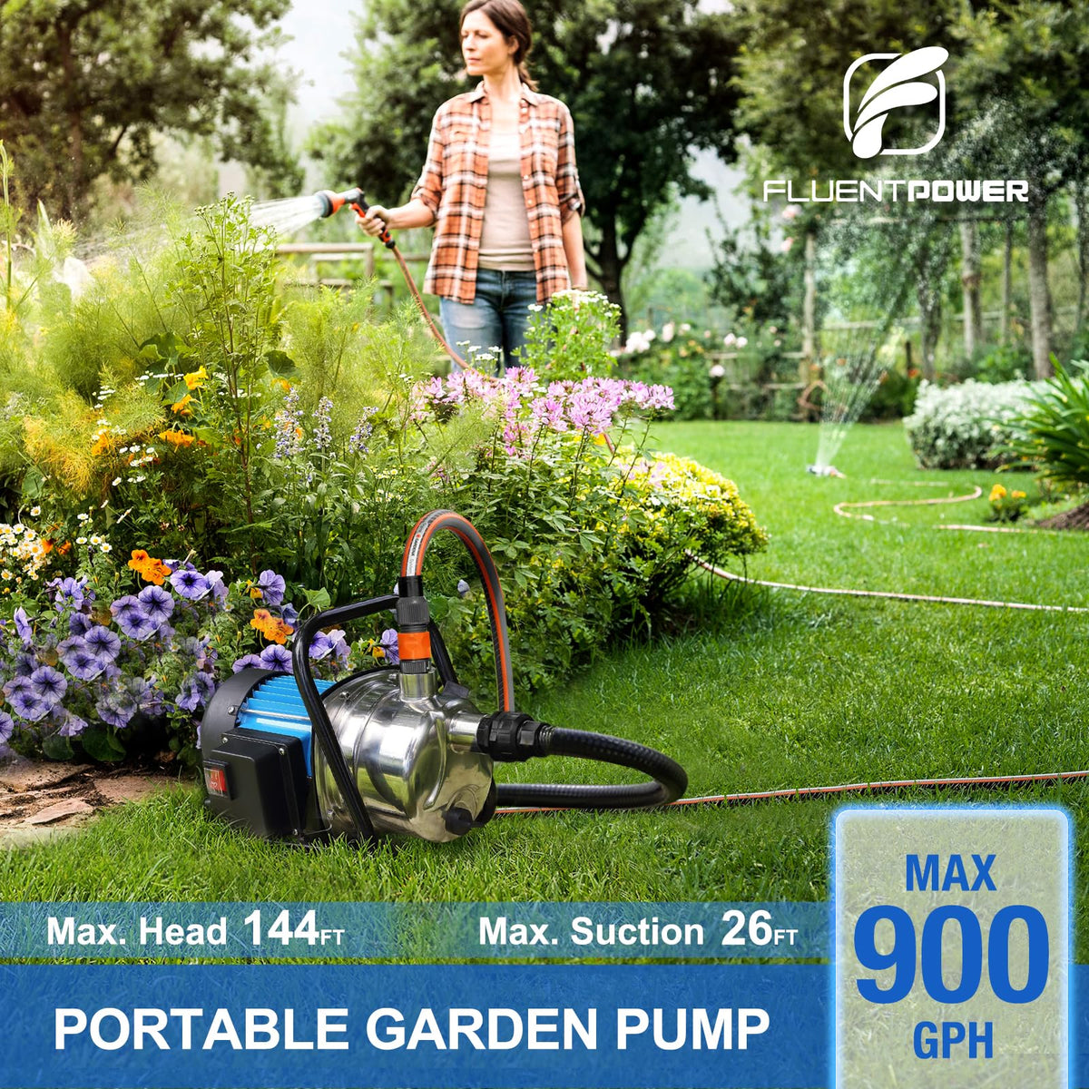 FluentPower 1HP portable garden transfer pump side view reveals durable stainless steel body