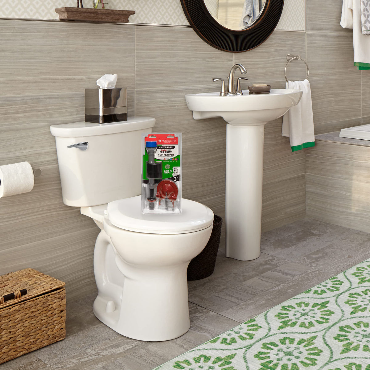 Fluidmaster k-400h-040-t5 installation scenario shows compatibility with 3-inch toilets.