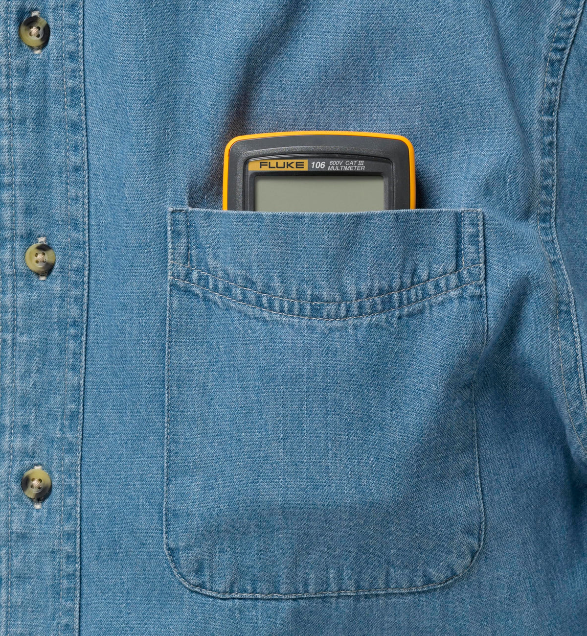Fluke 106 display and controls highlighting data hold and modes