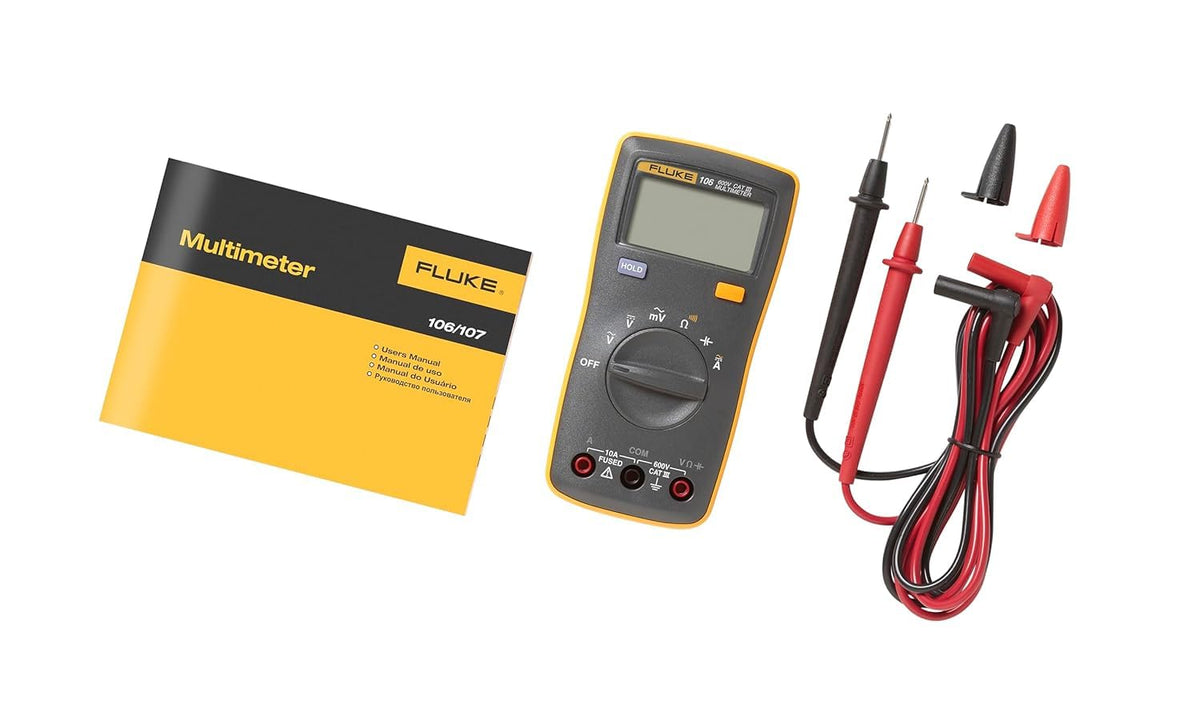 Fluke 106 in use on a panel illustrating 10 A current range