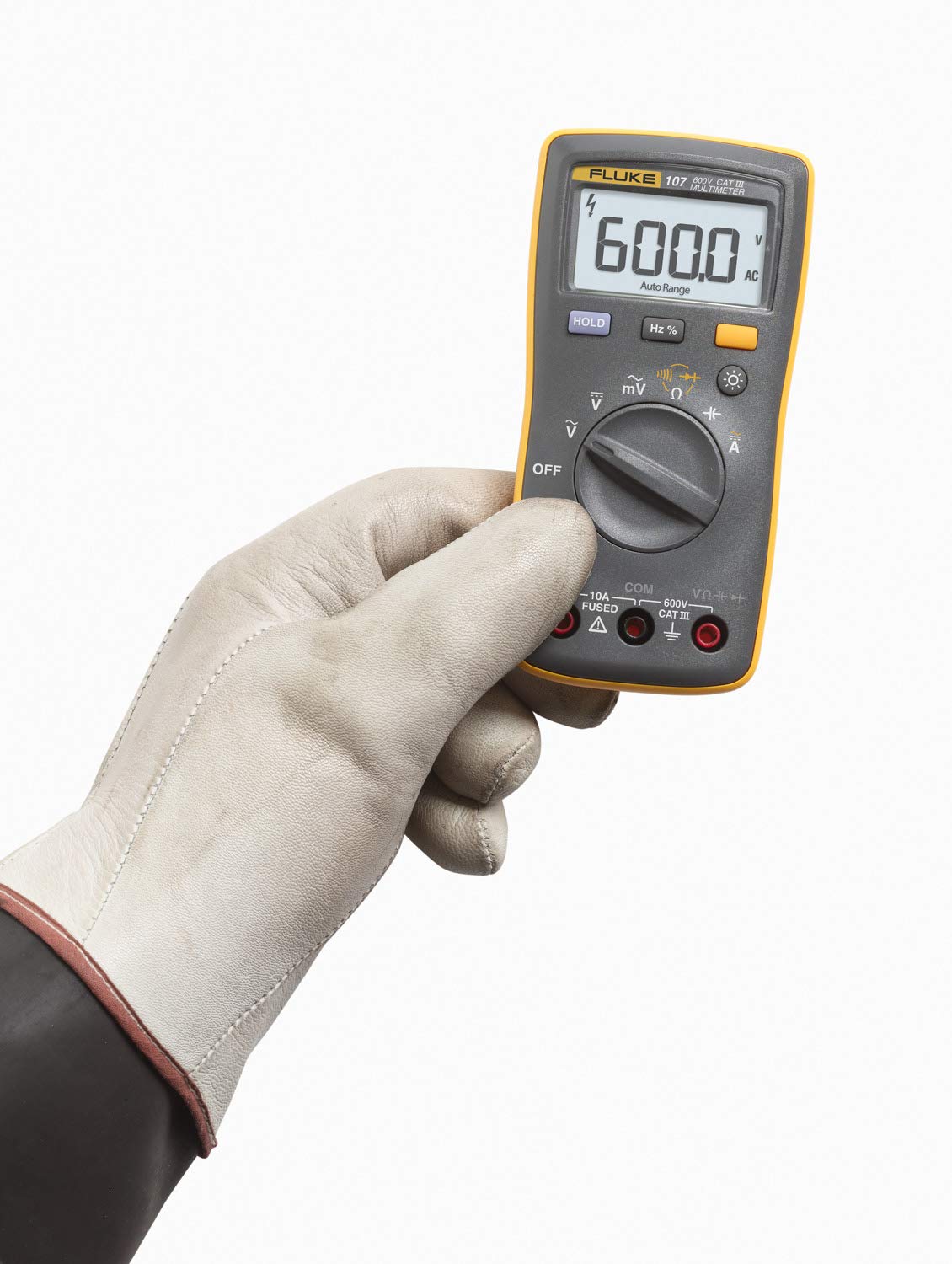 Fluke 107 display-on showing the backlit screen for clear readings in dim spaces.