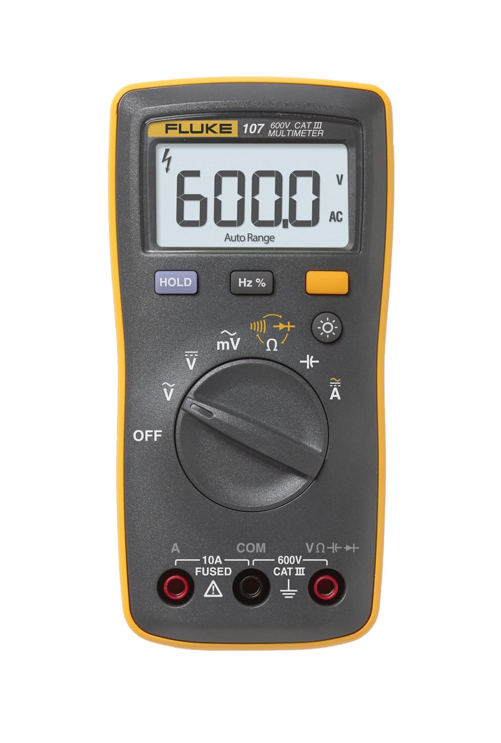 Fluke 107 front view highlighting compact palm-sized design for on-the-go diagnostics.