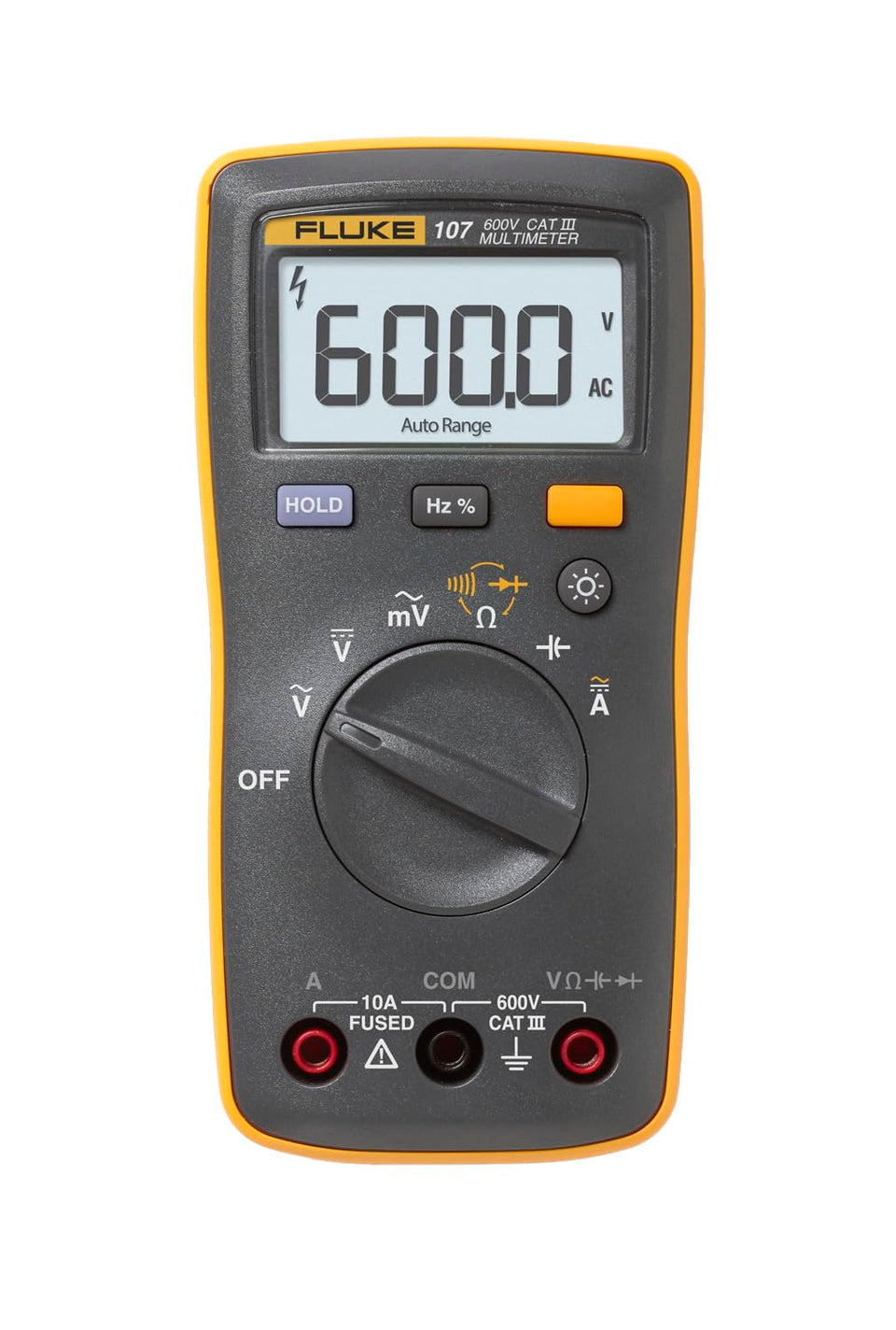 Fluke 107 front view highlighting compact palm-sized design for on-the-go diagnostics.
