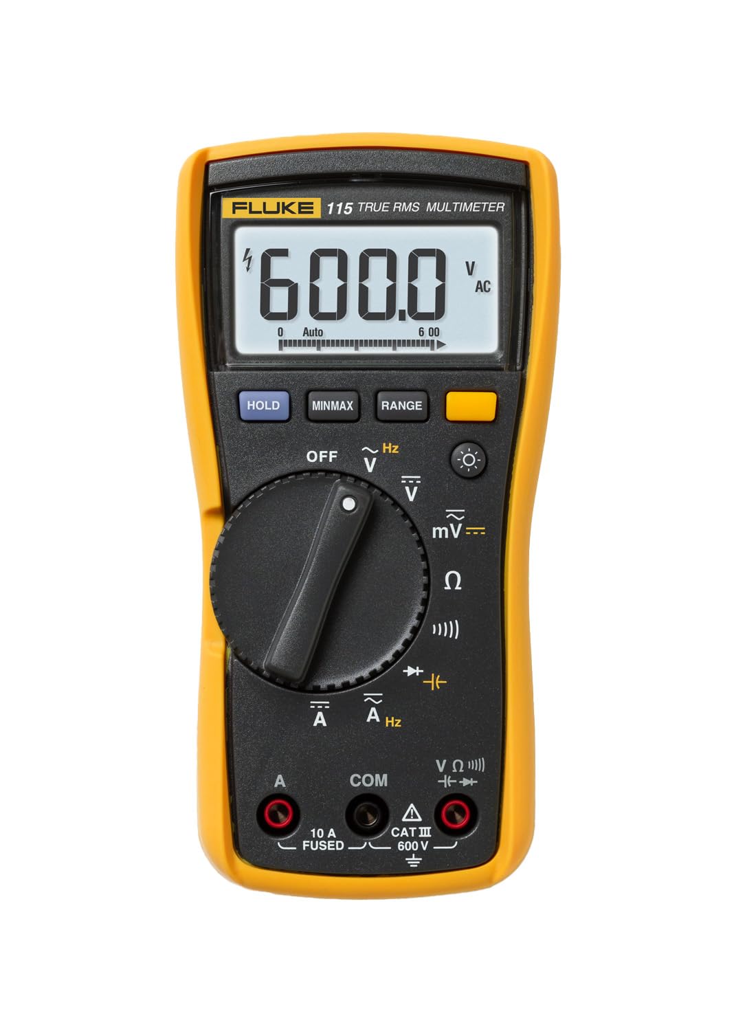 Fluke 115 multimeter shown in handheld use, emphasizing a compact field-ready design.