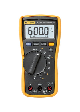 Fluke 115 multimeter shown in handheld use, emphasizing a compact field-ready design.