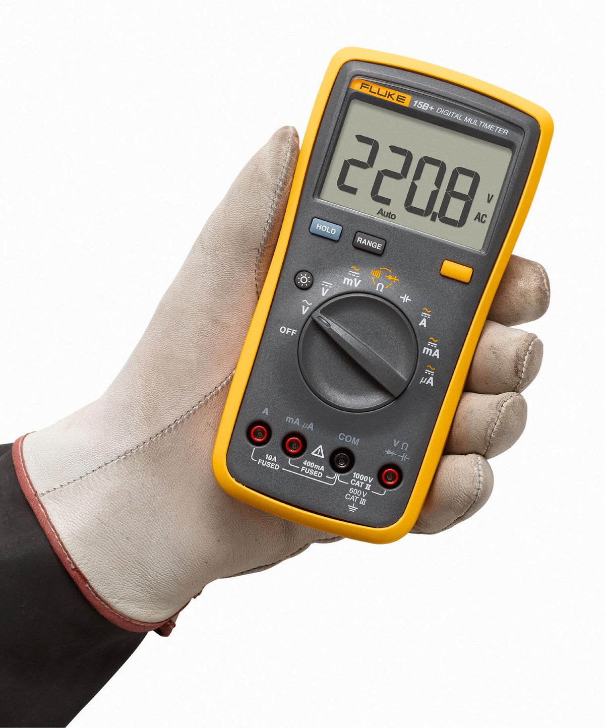Fluke 15B+ measures AC/DC voltage up to 1000V for versatile checks.