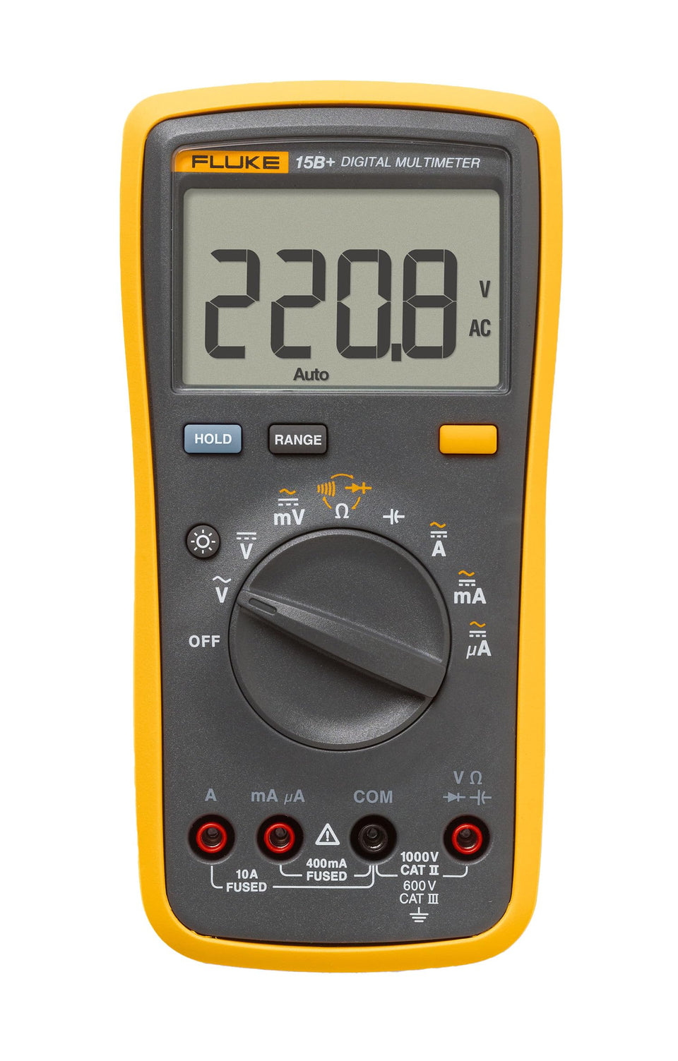 Fluke 15B+ front display for quick voltage readings.