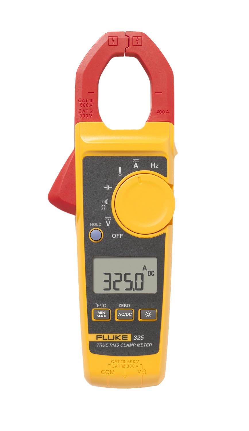 Fluke 325 clamp meter measures up to 400 A for quick on-site current checks.