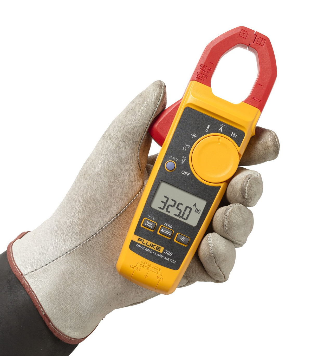 Fluke 325 clamp meter measures AC/DC voltage up to 600 V for safe panel testing.