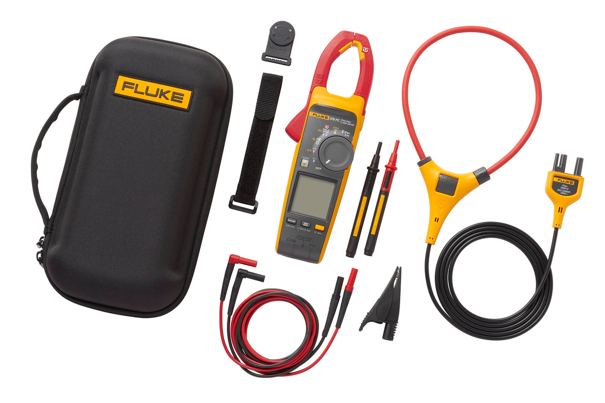 Fluke 378 FC display shows voltage and current readings from the clamp.