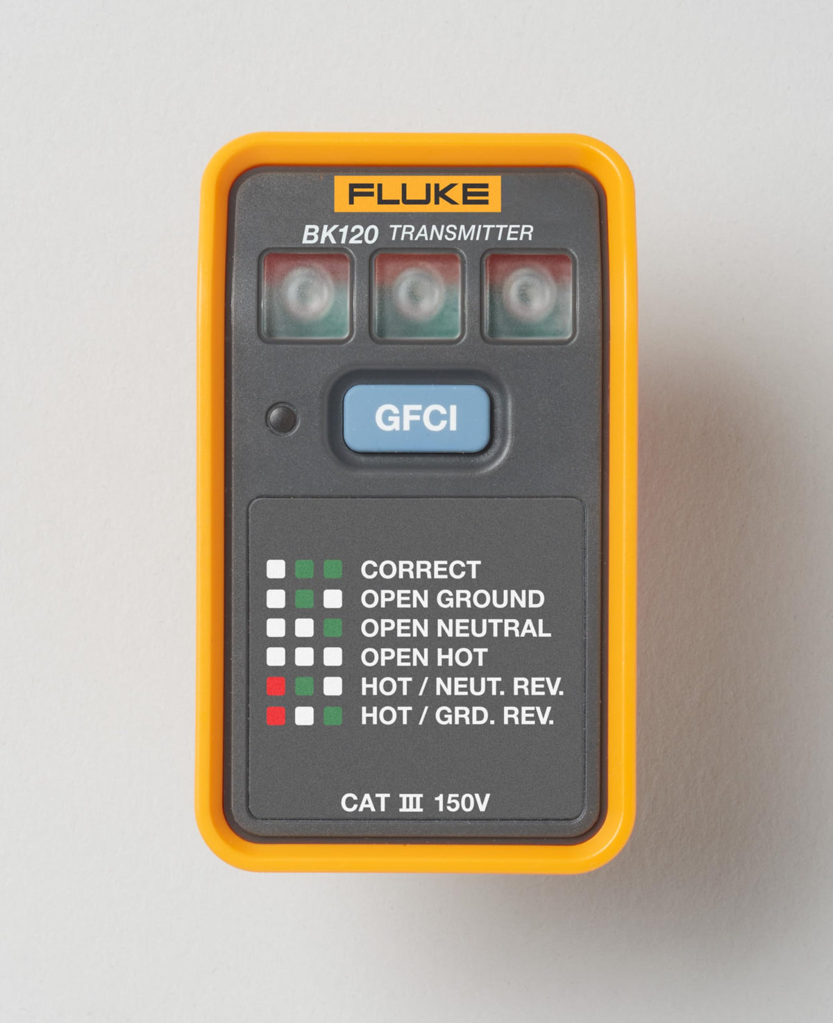 Fluke BK120 transmitter tests outlet wiring with clear LEDs