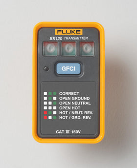 Fluke BK120 transmitter tests outlet wiring with clear LEDs