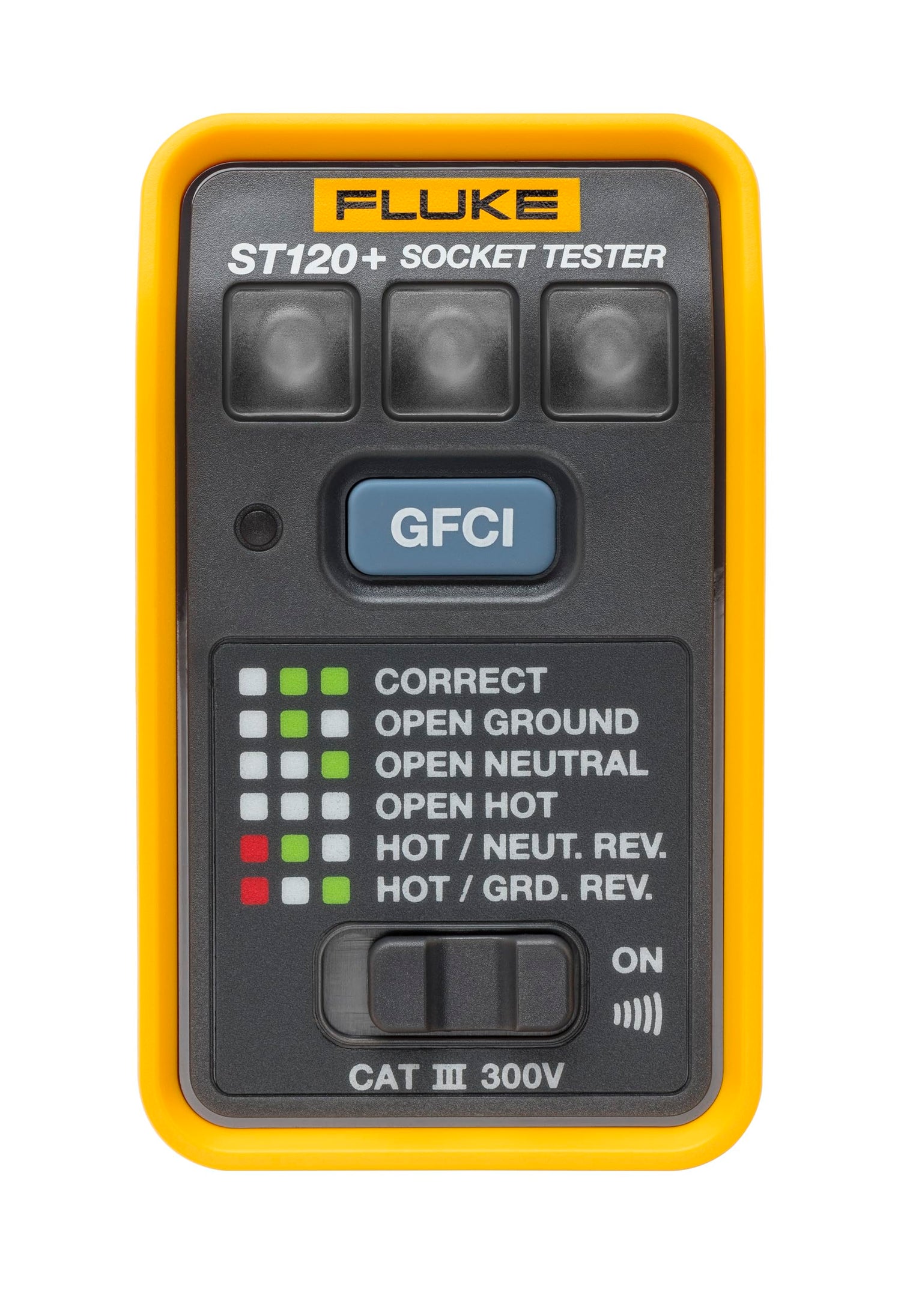 Fluke ST120+ front view with bright LEDs for fast outlet wiring checks.