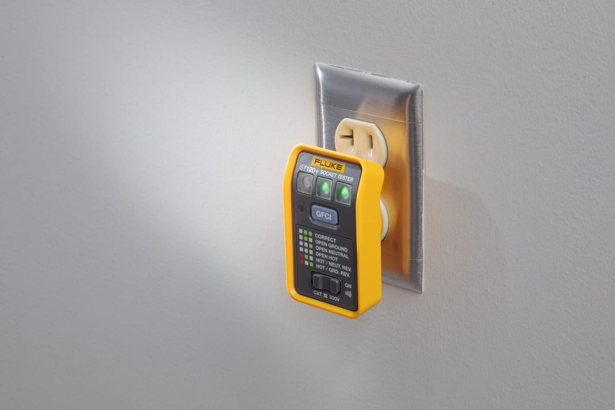 Fluke ST120+ GFCI button verifies GFCI outlets in the field.