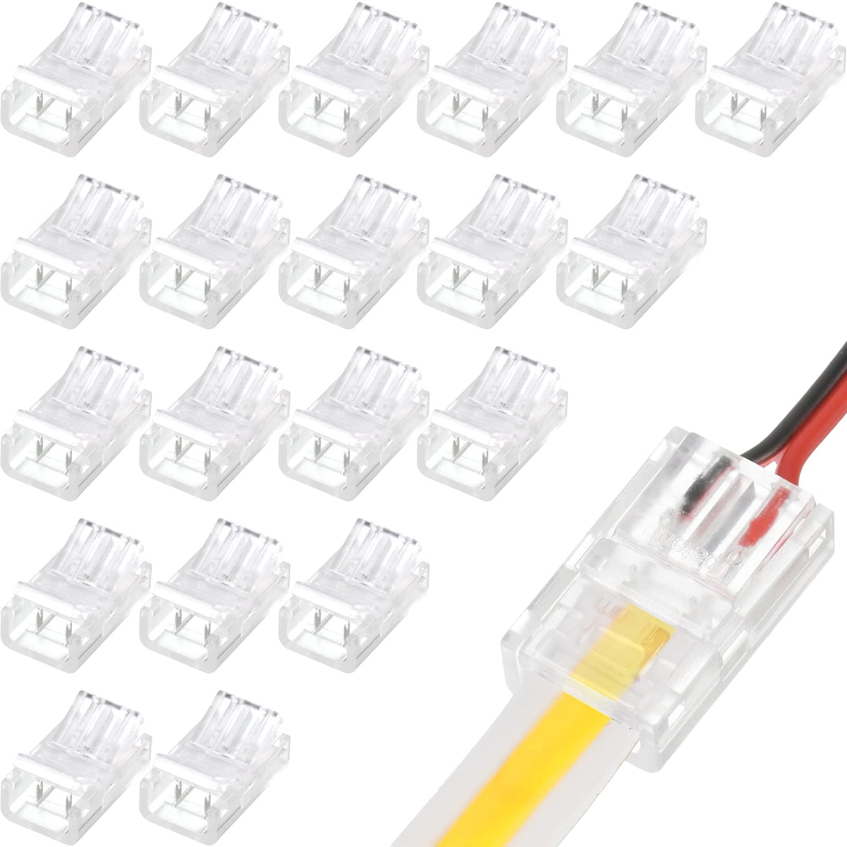 Flutesan COB LED connector inside view for quick, solderless strip installation.