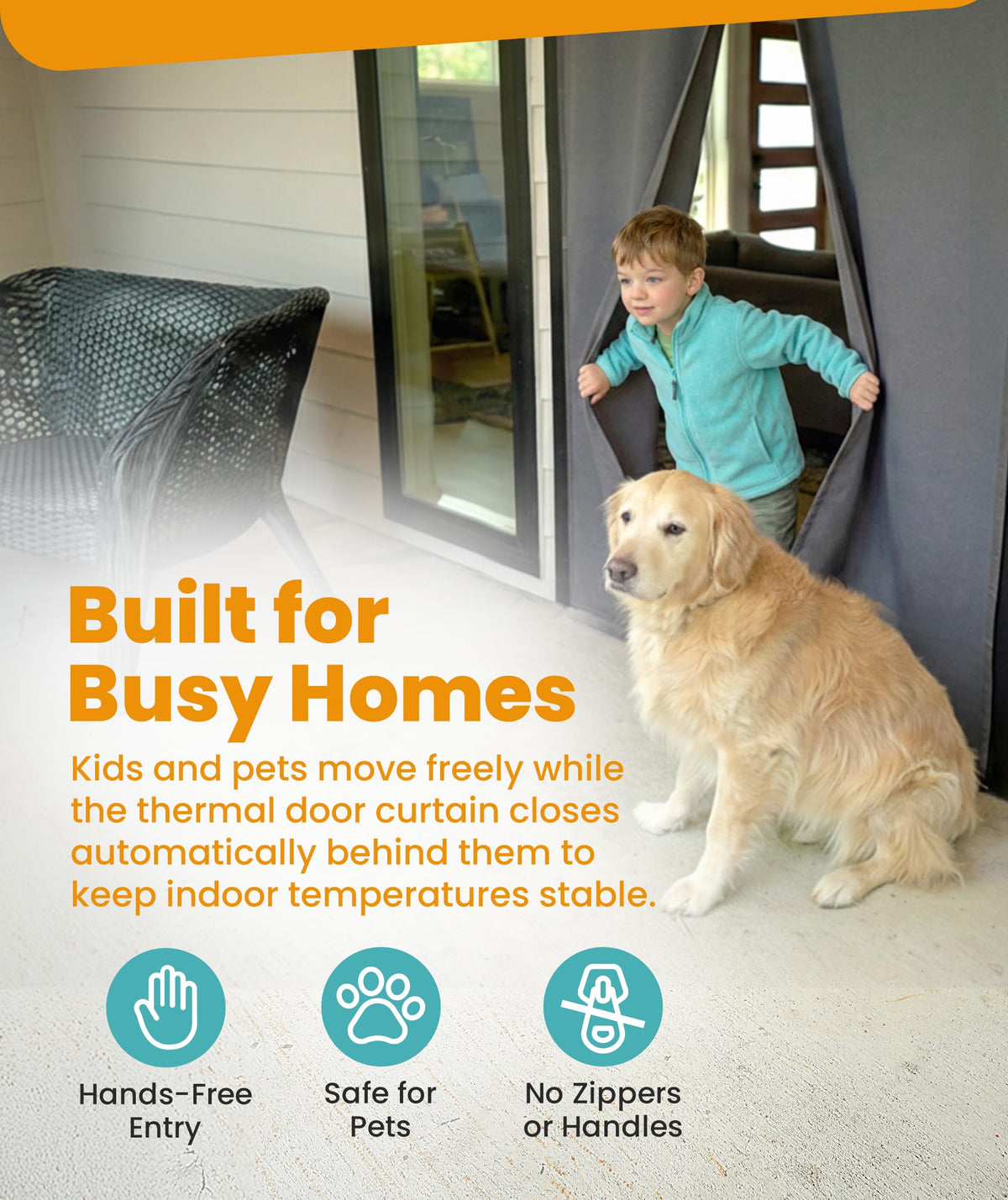 Flux Phenom door cover in use by pets manages passage while keeping insects out