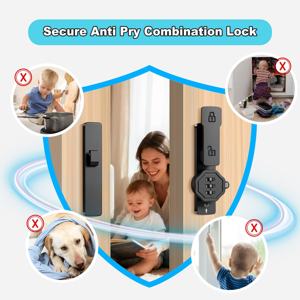 Flwrse barn door lock 180-degree design supports swinging or sliding doors