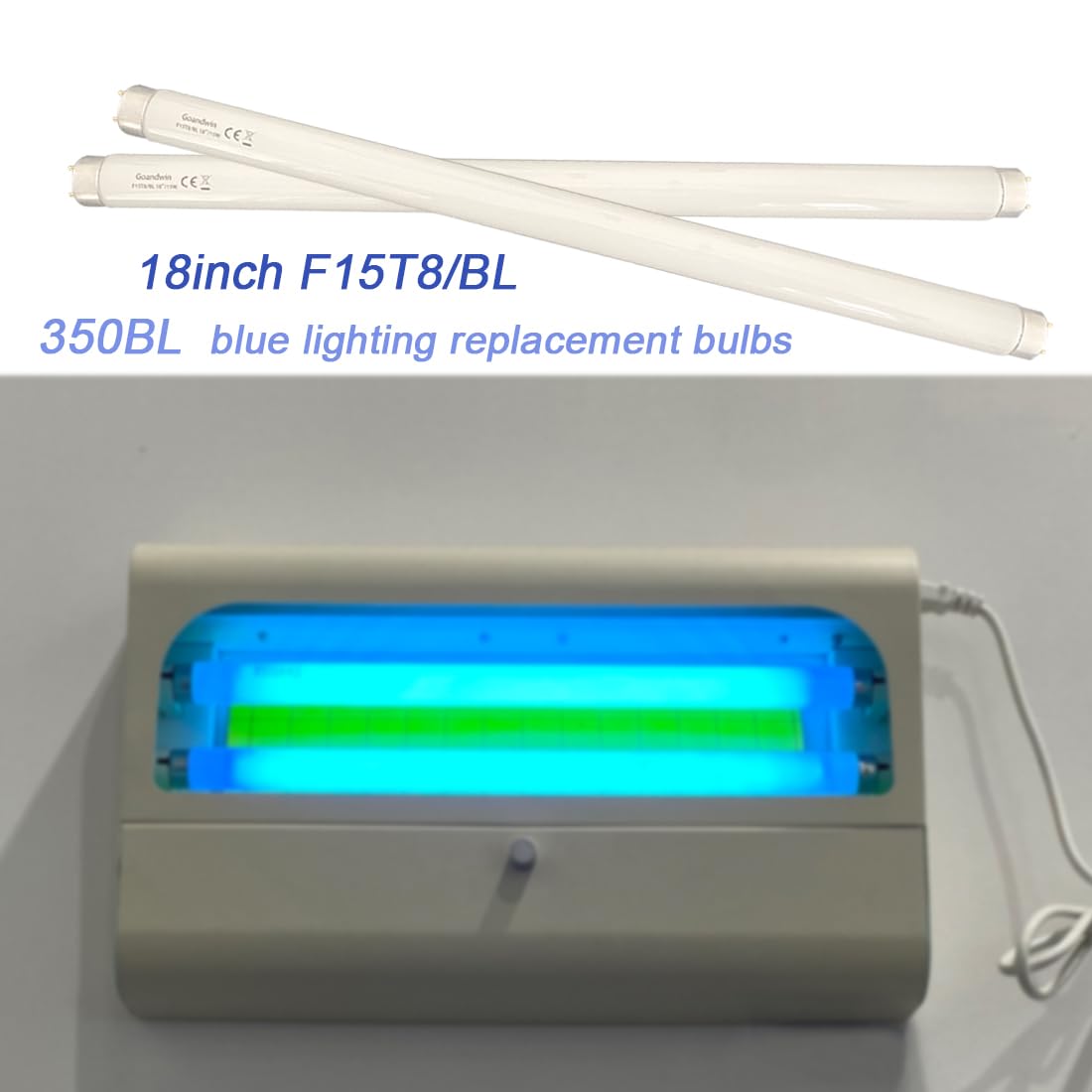 Flyercatch F15T8 BL350BL bulb closeup shows 18-inch tube and bi-pin base.
