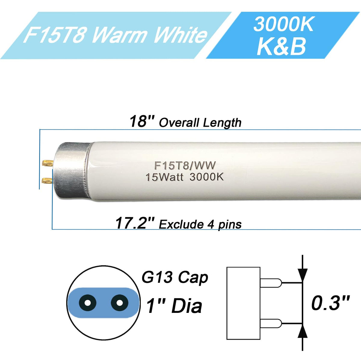 Flyercatch F15T8 tube with 3000K soft white glow for baths and workspaces.
