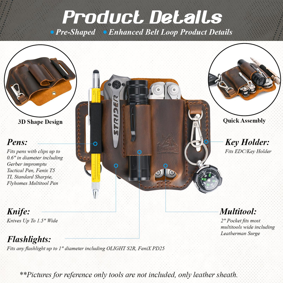 Flyhomes belt-loop attachment keeps tools secure on a standard 1.5-inch belt.