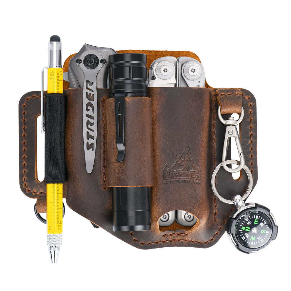 FI FLYHOMES premium multitool sheath shows full-grain leather for organized EDC.