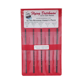 Flying Dutchman Ultra Reverse scroll saw blade pack shows multiple sizes for versatile projects