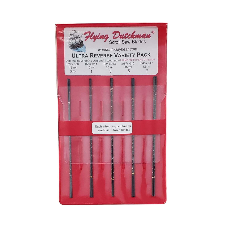 Flying Dutchman Ultra Reverse scroll saw blade pack shows multiple sizes for versatile projects