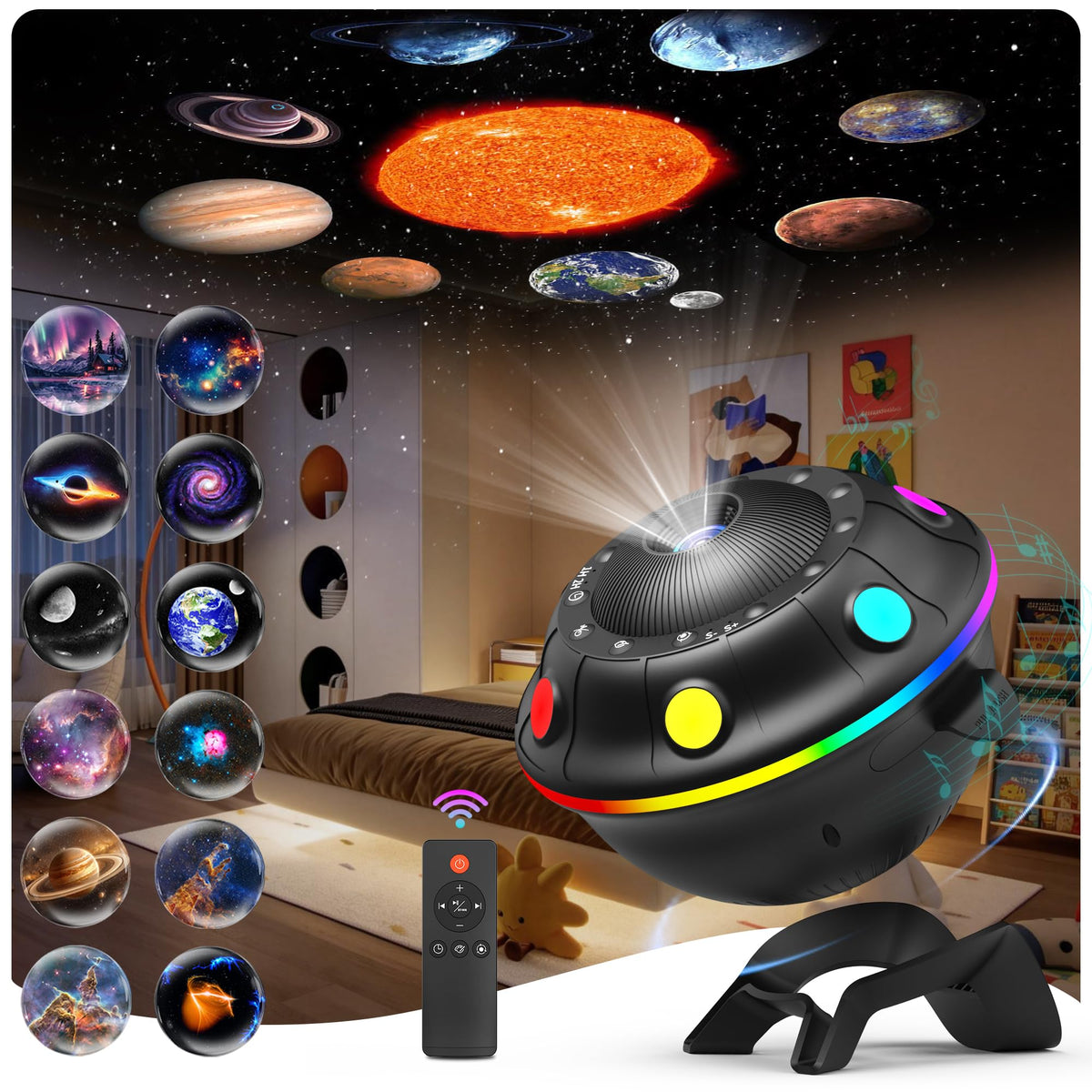 FlyLily Galaxy Projector displays 13 discs for immersive space scenes.