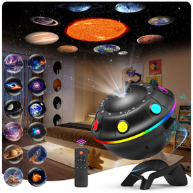 FlyLily Galaxy Projector displays 13 discs for immersive space scenes.