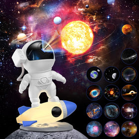 FlyLily Galaxy Projector shows an astronaut scene for a calming bedroom ambiance.