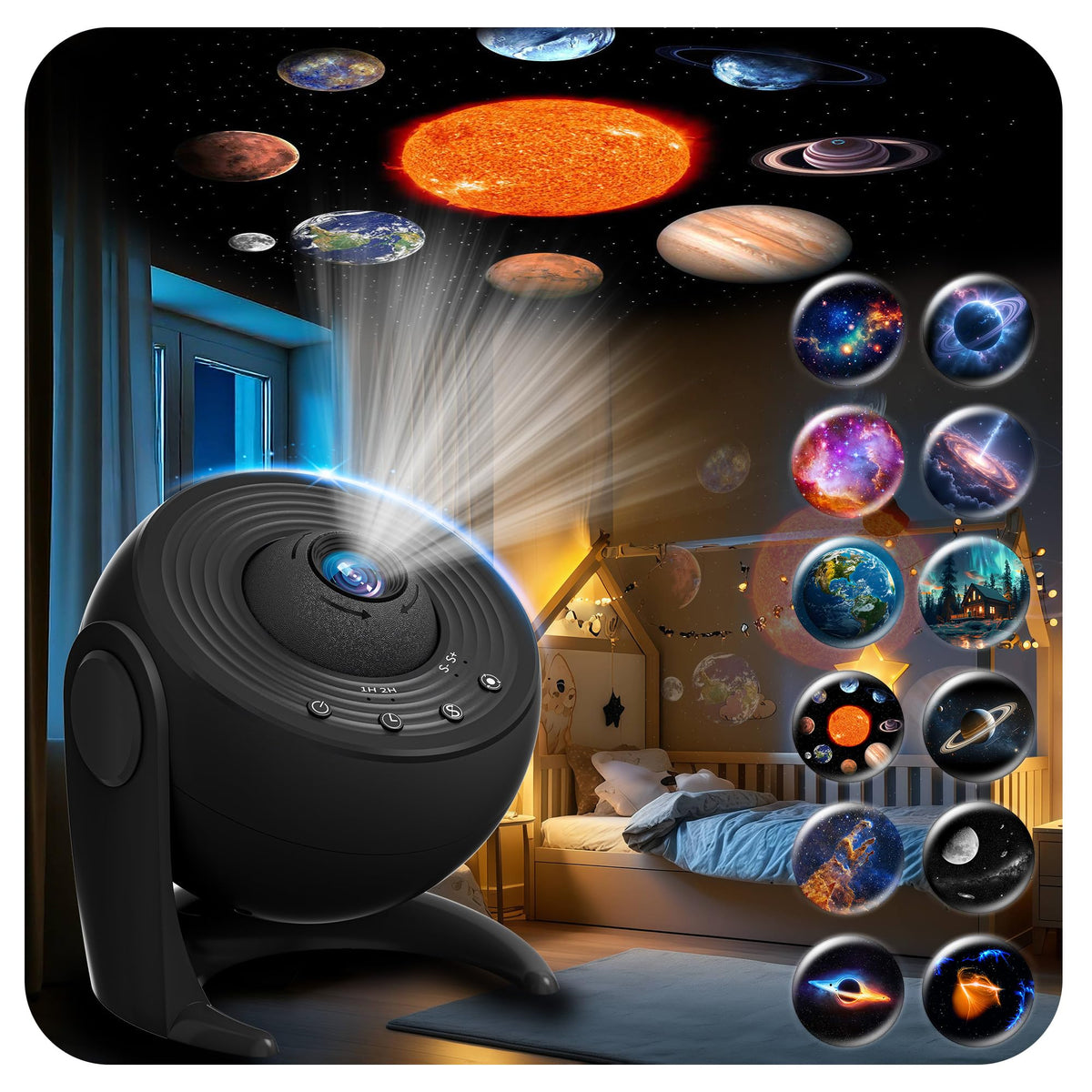 FlyLily Galaxy Projector sets up a bright bedroom starry scene on walls and ceiling.