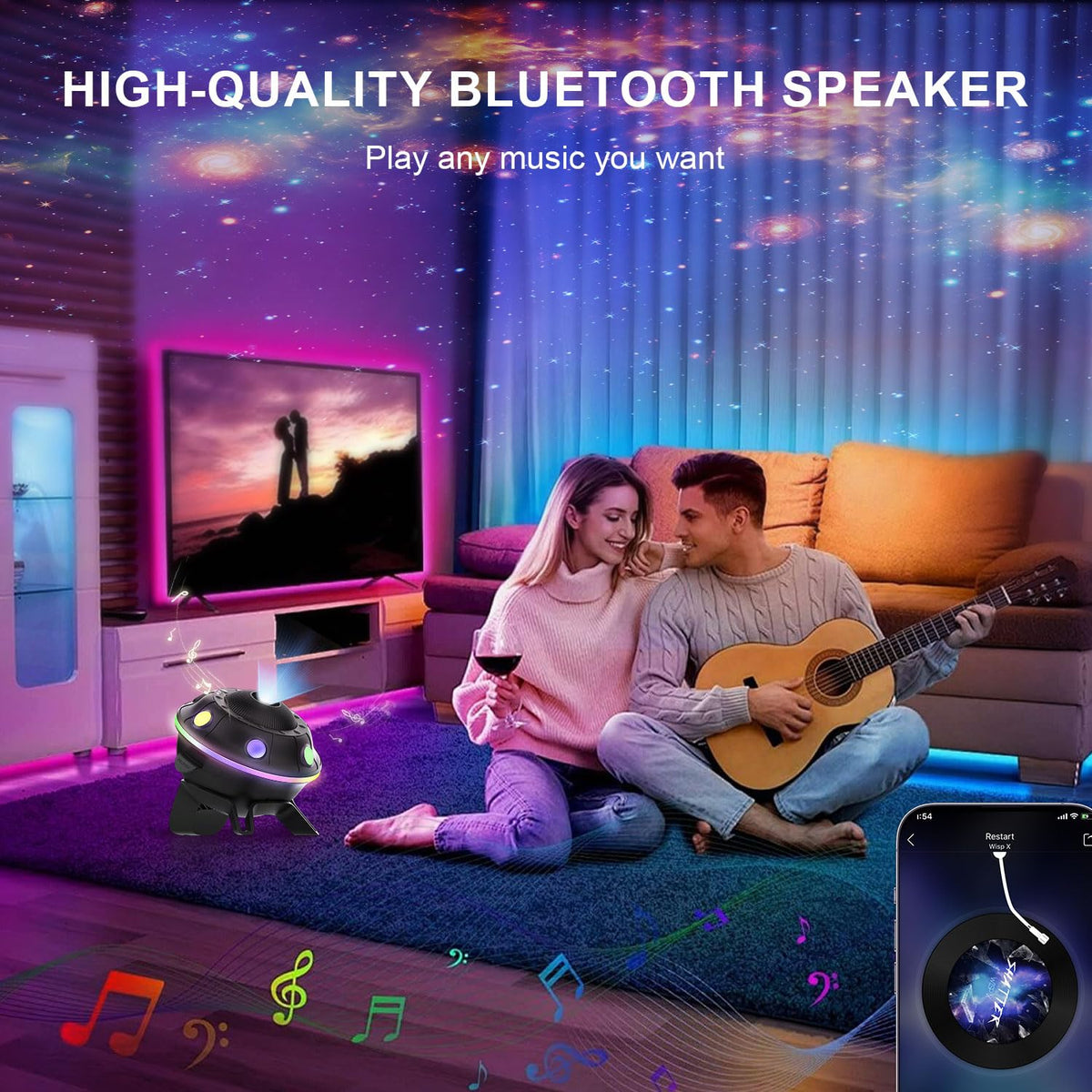 FlyLily Galaxy Projector Bluetooth speaker enhances ambient playlists.