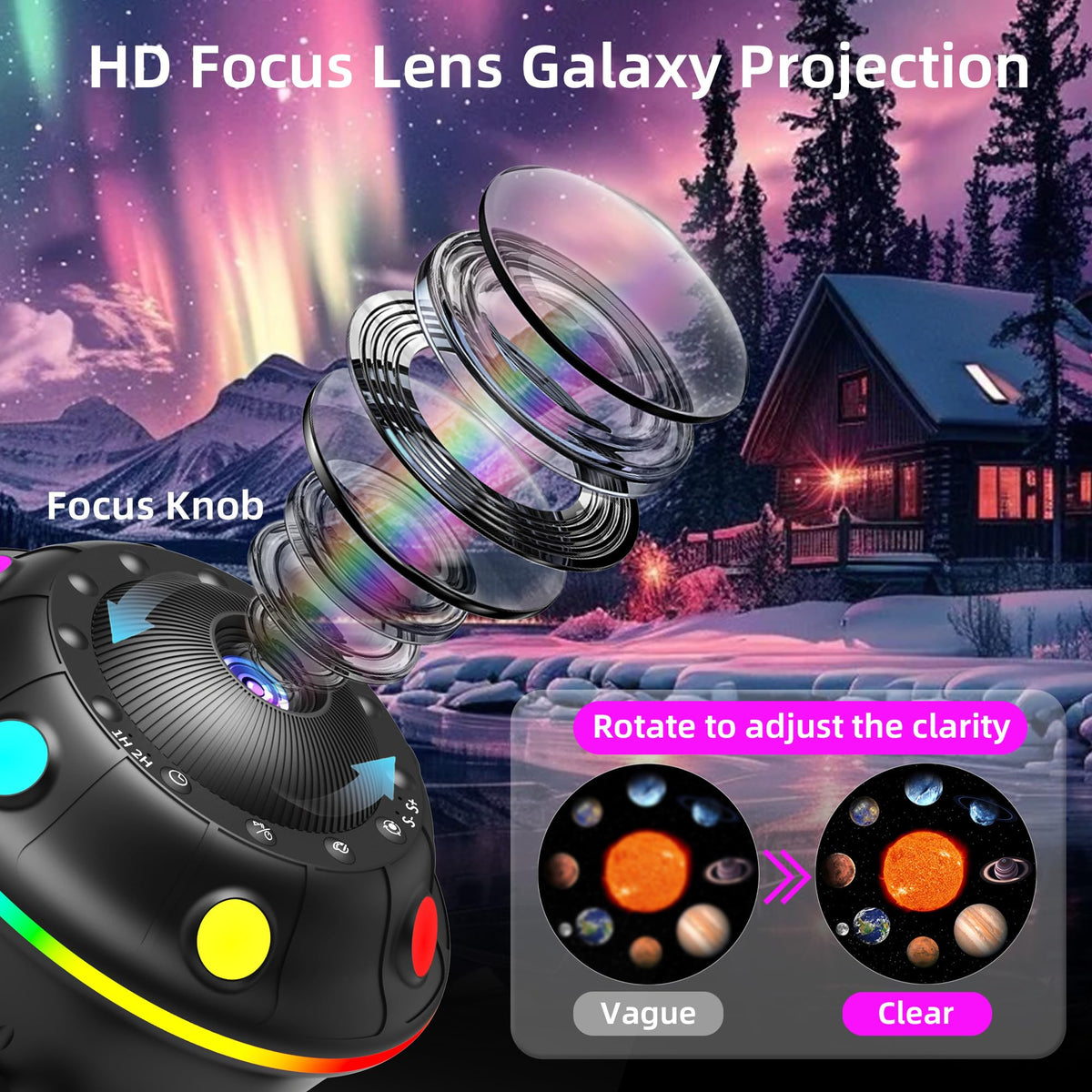 FlyLily Galaxy Projector night light provides calming ambience.