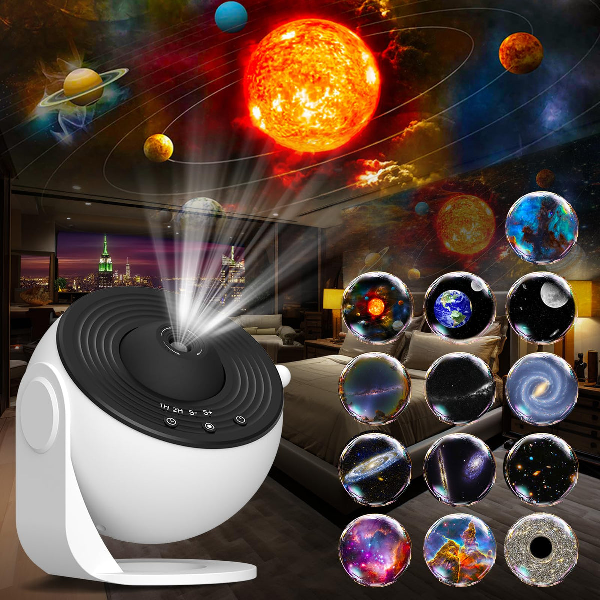 FlyLily Galaxy Projector top view for immersive night sky in a cozy bedroom