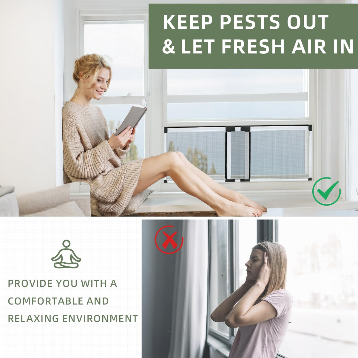 FLYZZZ adjustable screen installation with no tools, fully assembled in the window.