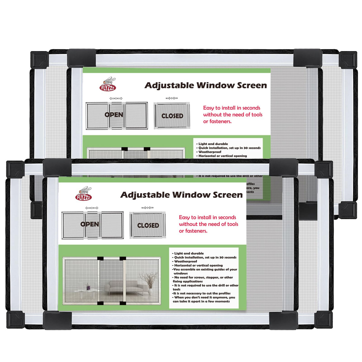 FLYZZZ adjustable window screen 2-pack—easy fit for narrow windows.